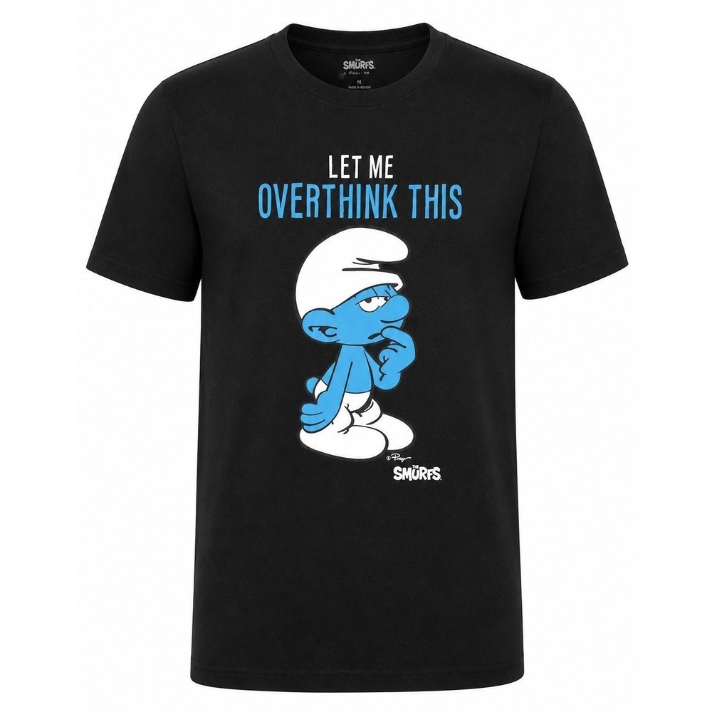The Smurfs Mens Let Me Overthink This Graphic T-Shirt Black 2XL Cotton Tee